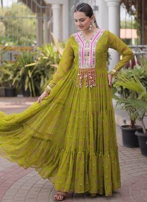 Navratri special mehendigreen georgette gown for women's 1