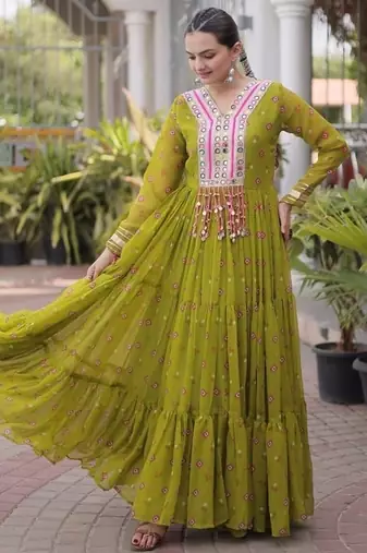 Navratri special mehendigreen georgette gown for women's