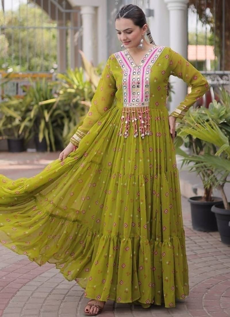 Navratri special mehendigreen georgette gown for women's