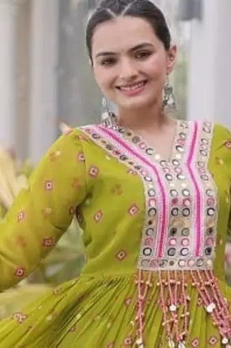Navratri special mehendigreen georgette gown for women's
