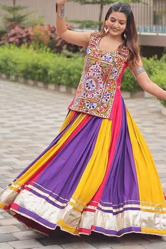 NAVRATRI  PINK BLUE YELLOW  COTTON LACE WORK Lehenga choli