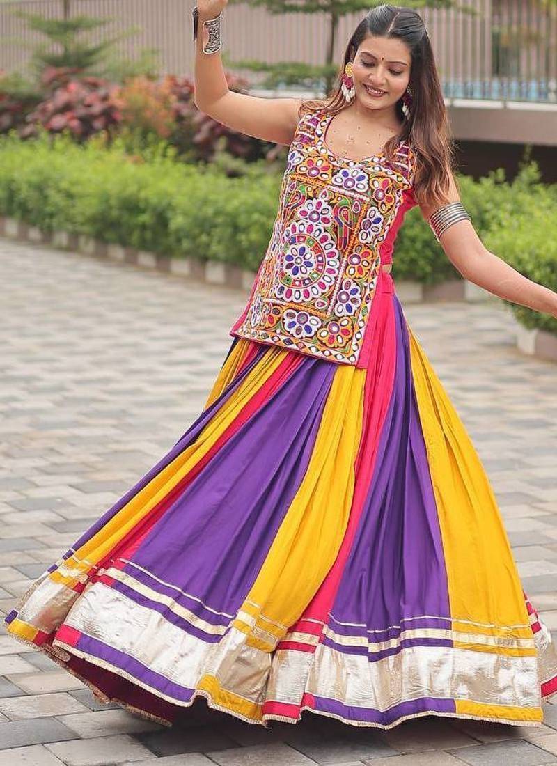 NAVRATRI  PINK BLUE YELLOW  COTTON LACE WORK Lehenga choli