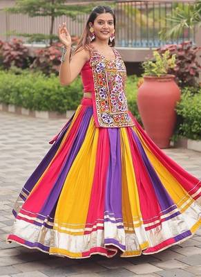 NAVRATRI  PINK BLUE YELLOW  COTTON LACE WORK Lehenga choli 2