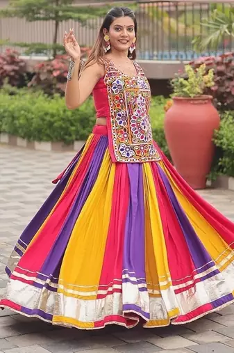 NAVRATRI  PINK BLUE YELLOW  COTTON LACE WORK Lehenga choli