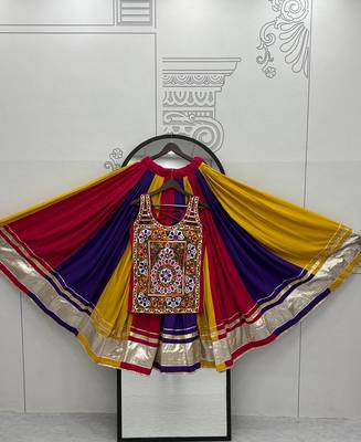 NAVRATRI  PINK BLUE YELLOW  COTTON LACE WORK Lehenga choli 4