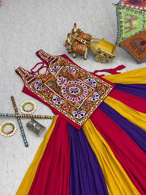 NAVRATRI  PINK BLUE YELLOW  COTTON LACE WORK Lehenga choli 5