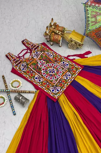 NAVRATRI  PINK BLUE YELLOW  COTTON LACE WORK Lehenga choli