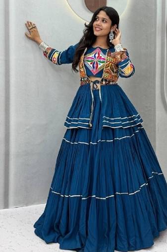 NAVRATRI WEAR BLUE COLOR COTTON RIBBON LACE WORK FLAIRED FREE SIZE UP TO 44 LEHENGA CHOLI KOTI FULL STITCHED.