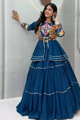 NAVRATRI WEAR BLUE COLOR COTTON RIBBON LACE WORK FLAIRED FREE SIZE UP TO 44 LEHENGA CHOLI KOTI FULL STITCHED.