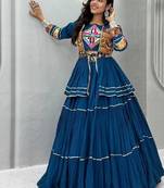 NAVRATRI WEAR BLUE COLOR COTTON RIBBON LACE WORK FLAIRED FREE SIZE UP TO 44 LEHENGA CHOLI KOTI FULL STITCHED.
