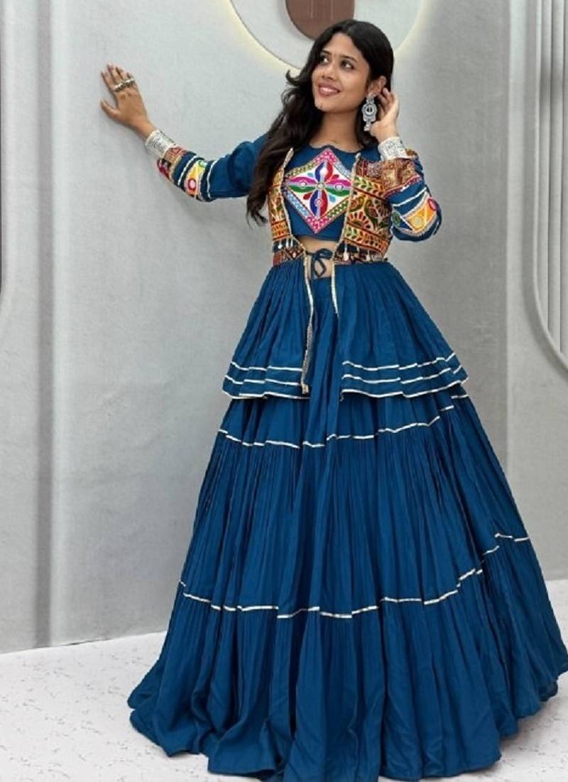 NAVRATRI WEAR BLUE COLOR COTTON RIBBON LACE WORK FLAIRED FREE SIZE UP TO 44 LEHENGA CHOLI KOTI FULL STITCHED.