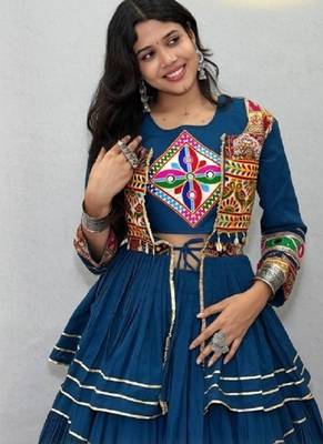 NAVRATRI WEAR BLUE COLOR COTTON RIBBON LACE WORK FLAIRED FREE SIZE UP TO 44 LEHENGA CHOLI KOTI FULL STITCHED. 2