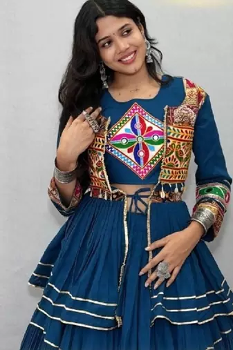 NAVRATRI WEAR BLUE COLOR COTTON RIBBON LACE WORK FLAIRED FREE SIZE UP TO 44 LEHENGA CHOLI KOTI FULL STITCHED.