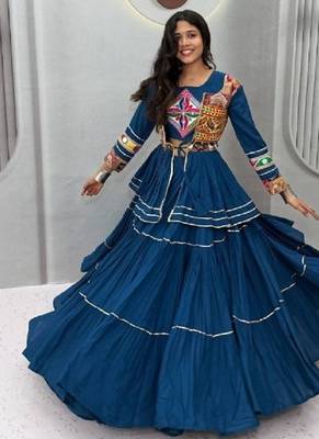 NAVRATRI WEAR BLUE COLOR COTTON RIBBON LACE WORK FLAIRED FREE SIZE UP TO 44 LEHENGA CHOLI KOTI FULL STITCHED. 3