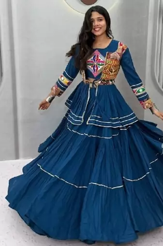 NAVRATRI WEAR BLUE COLOR COTTON RIBBON LACE WORK FLAIRED FREE SIZE UP TO 44 LEHENGA CHOLI KOTI FULL STITCHED.