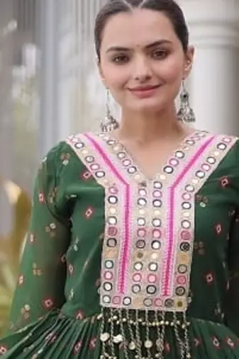 Navratri special green georgette gown for women's