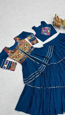 NAVRATRI WEAR BLUE COLOR COTTON RIBBON LACE WORK FLAIRED FREE SIZE UP TO 44 LEHENGA CHOLI KOTI FULL STITCHED. 5