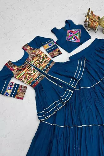 NAVRATRI WEAR BLUE COLOR COTTON RIBBON LACE WORK FLAIRED FREE SIZE UP TO 44 LEHENGA CHOLI KOTI FULL STITCHED.