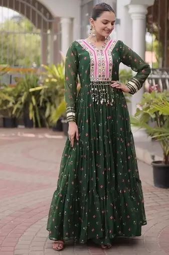 Navratri special green georgette gown for women's