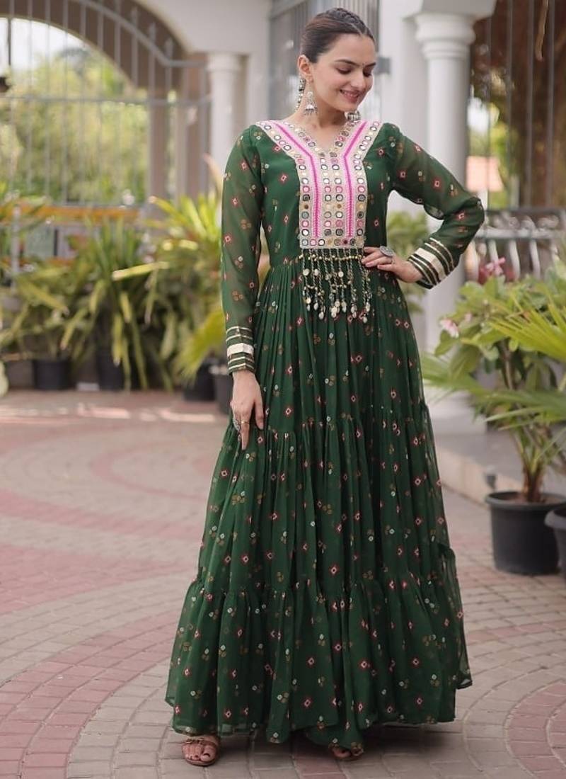Navratri special green georgette gown for women's