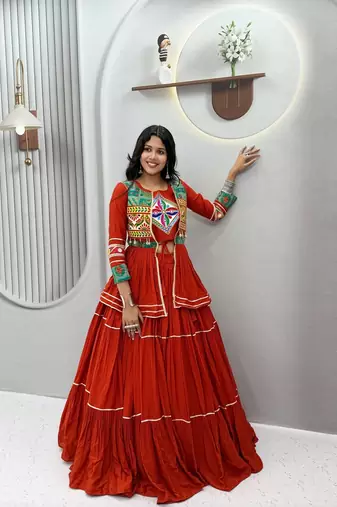 NAVRATRI  FENTA  COTTON RIBBON LACE WORK FLAIRED Lehenga choli