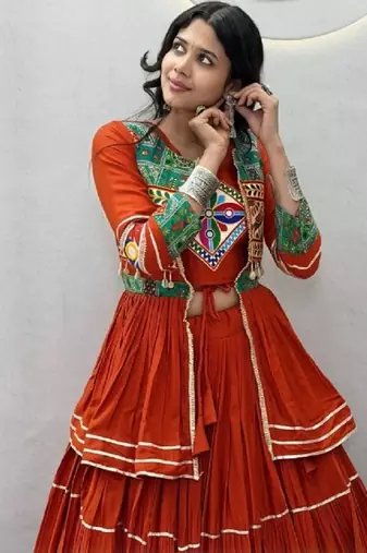 NAVRATRI  FENTA  COTTON RIBBON LACE WORK FLAIRED Lehenga choli