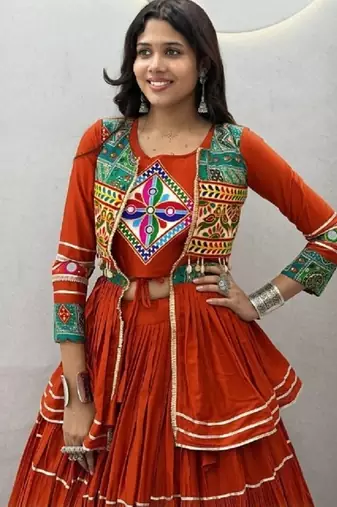 NAVRATRI  FENTA  COTTON RIBBON LACE WORK FLAIRED Lehenga choli