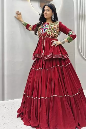 NAVRATRI  MAROON  COTTON RIBBON LACE WORK FLAIRED Lehenga choli
