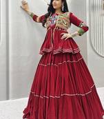 NAVRATRI  MAROON  COTTON RIBBON LACE WORK FLAIRED Lehenga choli