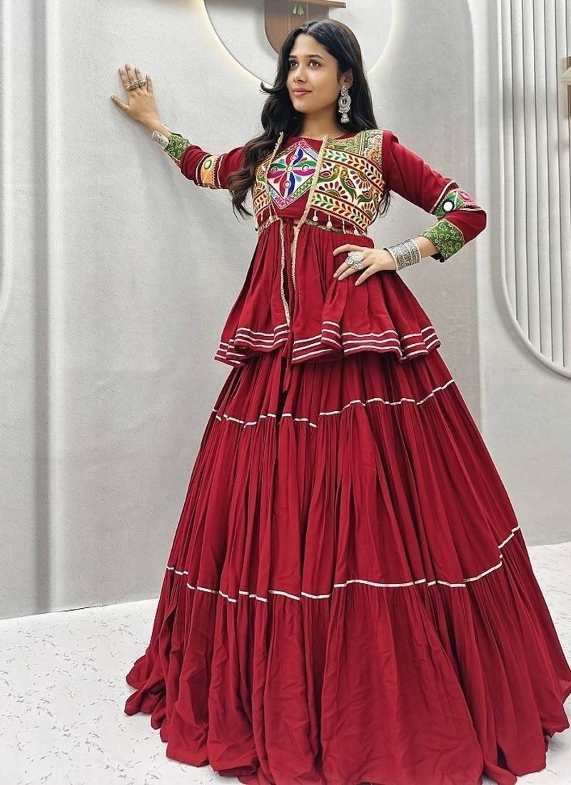 NAVRATRI  MAROON  COTTON RIBBON LACE WORK FLAIRED Lehenga choli