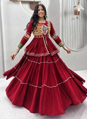 NAVRATRI  MAROON  COTTON RIBBON LACE WORK FLAIRED Lehenga choli 2