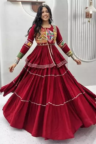 NAVRATRI  MAROON  COTTON RIBBON LACE WORK FLAIRED Lehenga choli