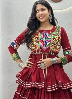 NAVRATRI  MAROON  COTTON RIBBON LACE WORK FLAIRED Lehenga choli 3
