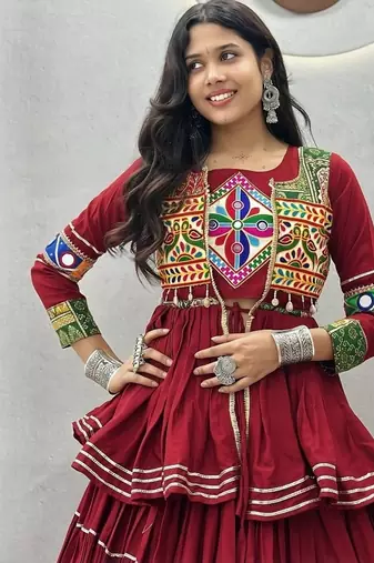 NAVRATRI  MAROON  COTTON RIBBON LACE WORK FLAIRED Lehenga choli