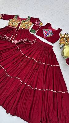 NAVRATRI  MAROON  COTTON RIBBON LACE WORK FLAIRED Lehenga choli 4