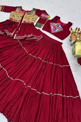 NAVRATRI  MAROON  COTTON RIBBON LACE WORK FLAIRED Lehenga choli