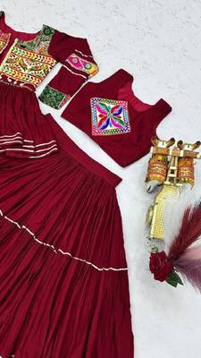 NAVRATRI  MAROON  COTTON RIBBON LACE WORK FLAIRED Lehenga choli 5