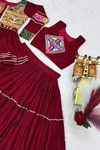 NAVRATRI  MAROON  COTTON RIBBON LACE WORK FLAIRED Lehenga choli