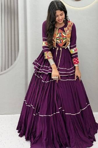 NAVRATRI  PURPLE  COTTON RIBBON LACE WORK FLAIRED Lehenga choli