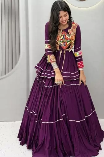 NAVRATRI  PURPLE  COTTON RIBBON LACE WORK FLAIRED Lehenga choli