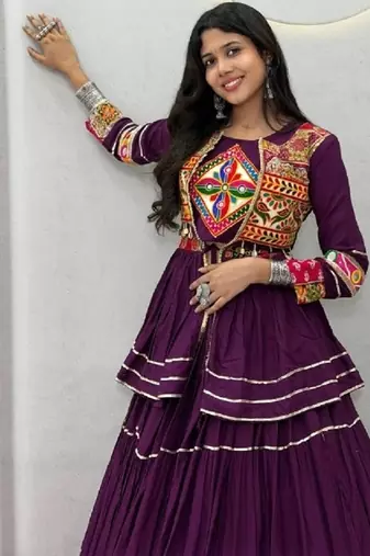 NAVRATRI  PURPLE  COTTON RIBBON LACE WORK FLAIRED Lehenga choli