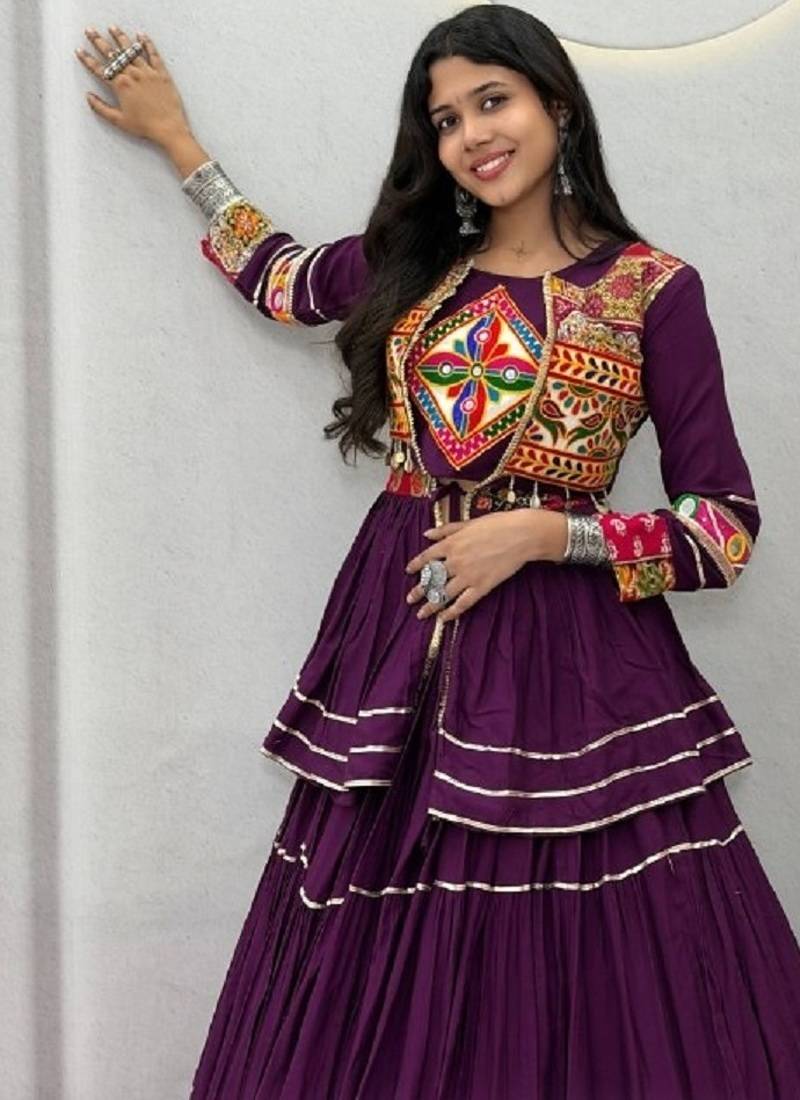 NAVRATRI  PURPLE  COTTON RIBBON LACE WORK FLAIRED Lehenga choli