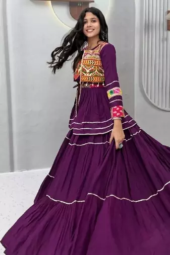 NAVRATRI  PURPLE  COTTON RIBBON LACE WORK FLAIRED Lehenga choli