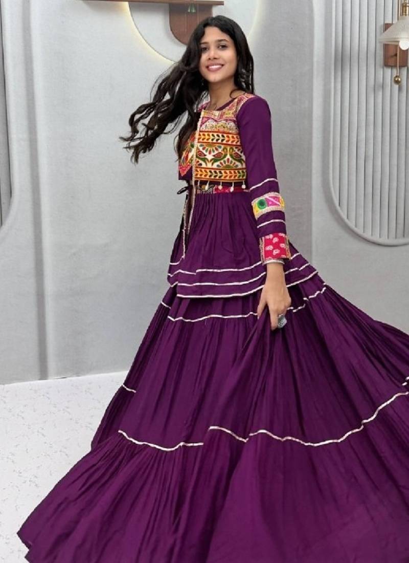 NAVRATRI  PURPLE  COTTON RIBBON LACE WORK FLAIRED Lehenga choli