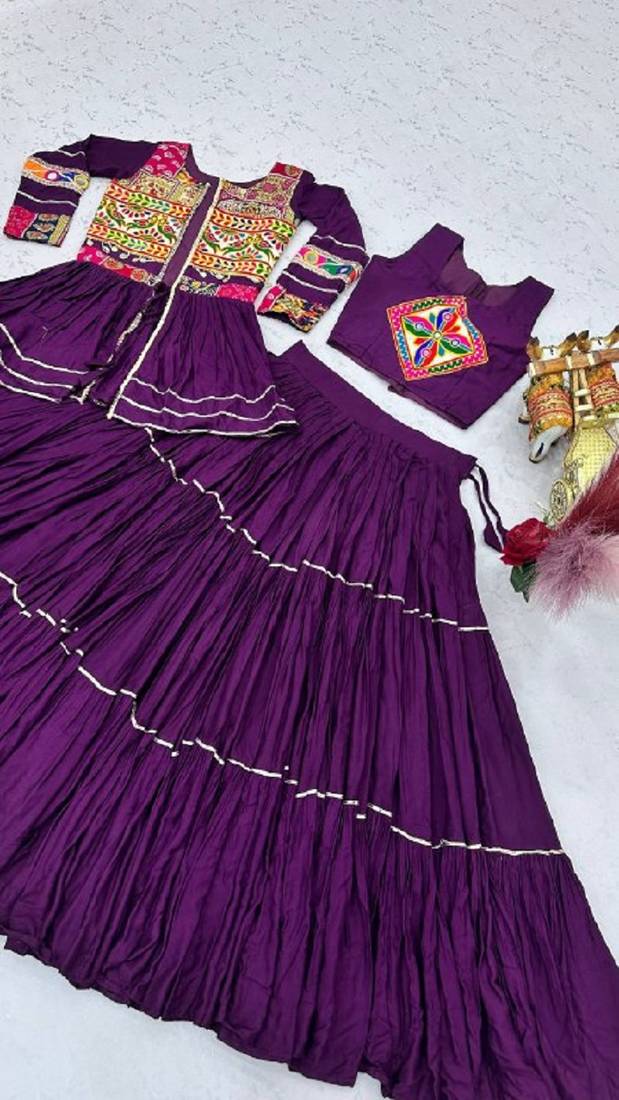 NAVRATRI  PURPLE  COTTON RIBBON LACE WORK FLAIRED Lehenga choli