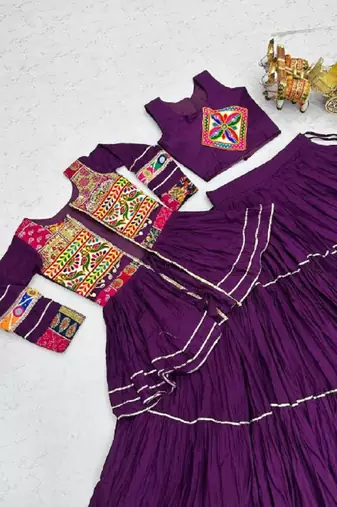 NAVRATRI  PURPLE  COTTON RIBBON LACE WORK FLAIRED Lehenga choli