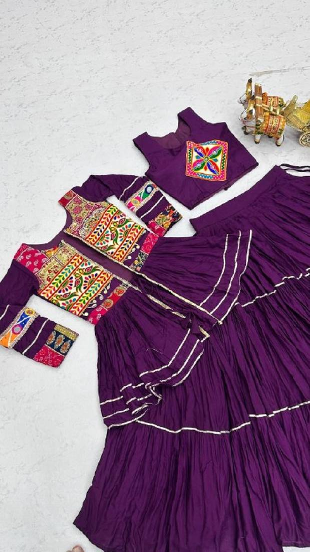 NAVRATRI  PURPLE  COTTON RIBBON LACE WORK FLAIRED Lehenga choli