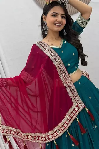NAVRATRI  RAMA GREEN FAUX GEORGETTE THREAD Lehenga choli