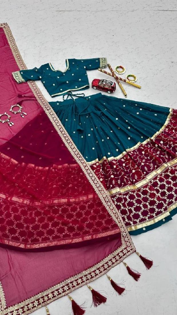 NAVRATRI  RAMA GREEN FAUX GEORGETTE THREAD Lehenga choli