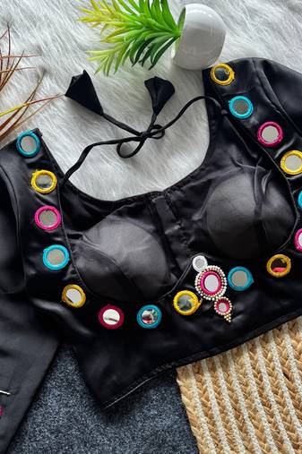 Navratri wear black color galaxy silk thread mirror kardana work readymade blouse